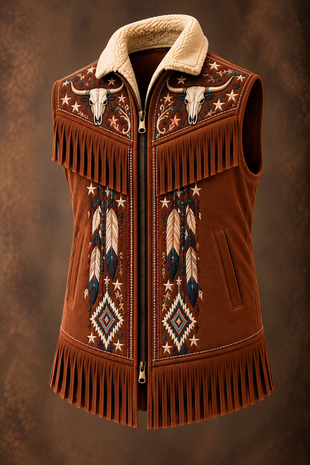 Men's Western Art Fur Collar Long Sleeve Fringe Jacket